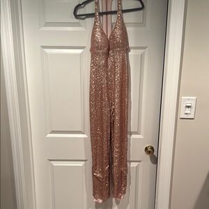 Sequin Halter Jumpsuit in Rose Gold